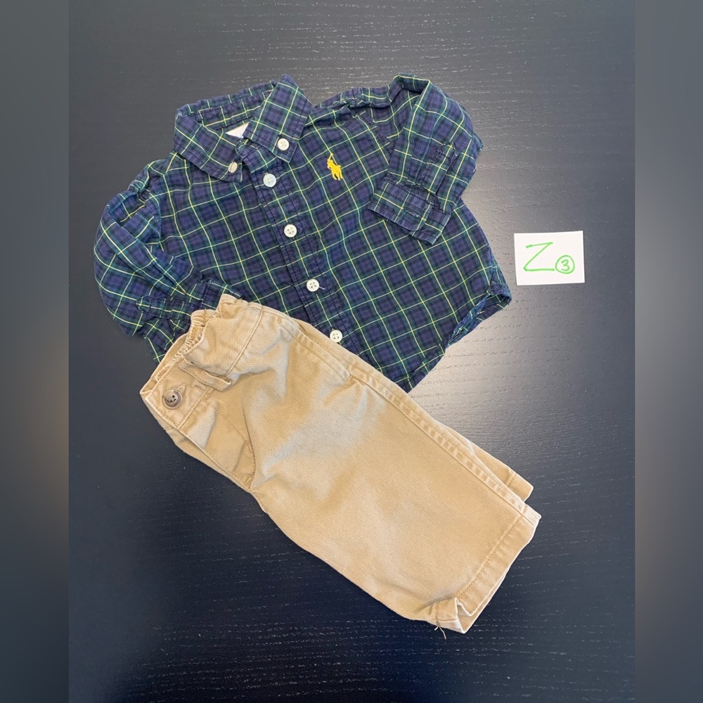 Polo 0-3m 2-Piece Set- Plaid Shirt in Navy and Green & Khaki Style Pants